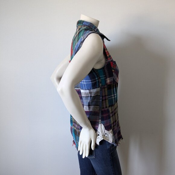 We The Free - "Lost in Plaid" Patchwork Crochet Sleeveless Shirt - Size S - Picture 5 of 9